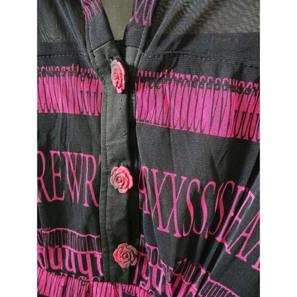 Womens Pleated Sheer Lined Dress Sleeveless 1/4 Button Side Zip Black Pink L - Picture 3 of 7